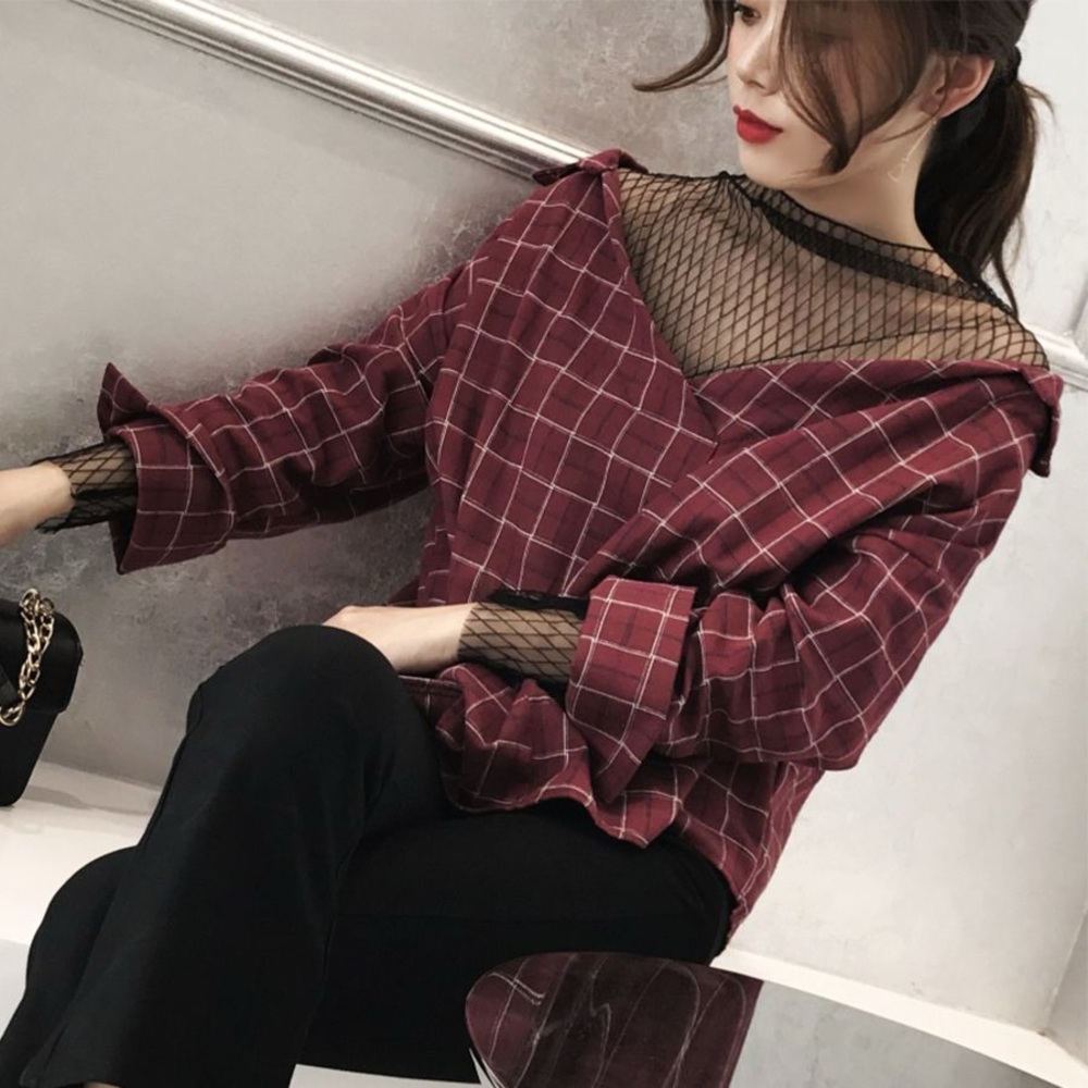 Plaid off the shoulder blouse